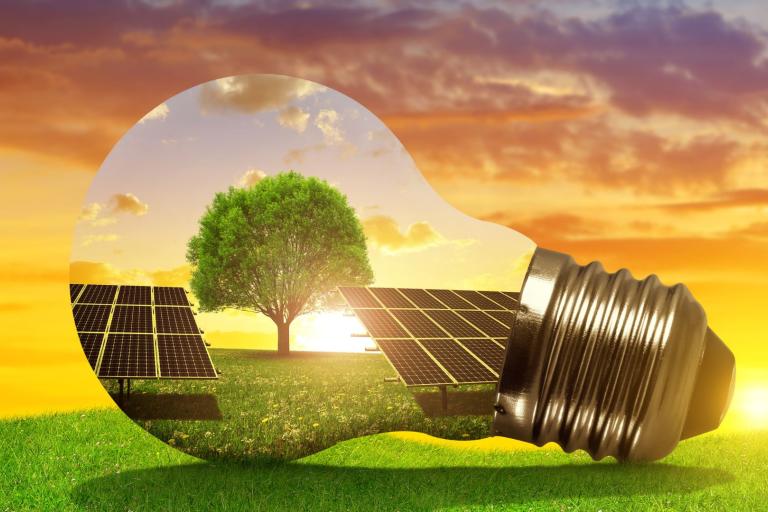 A light bulb with solar panels and a tree in the background.