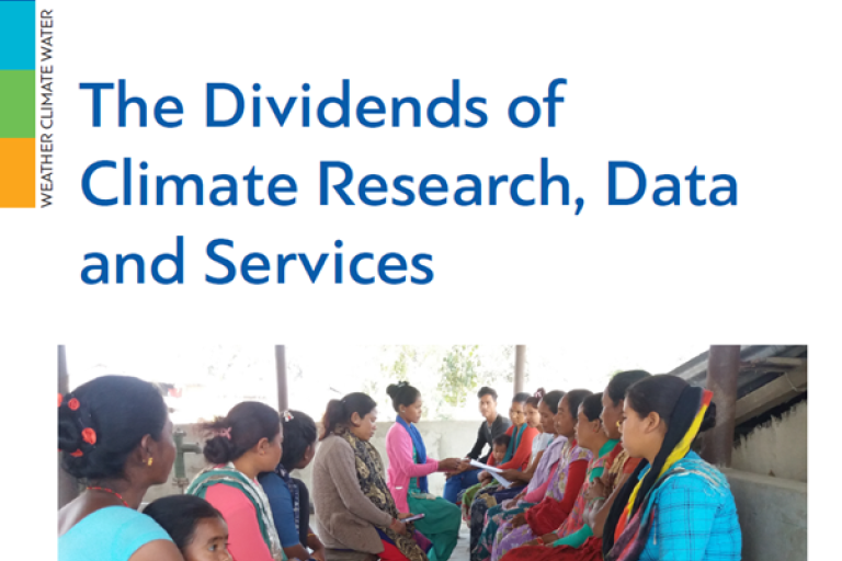 A group of people sits in a circle, engaged in discussion. The cover reads, "The Dividends of Climate Research, Data and Services," from the World Meteorological Organization Bulletin.