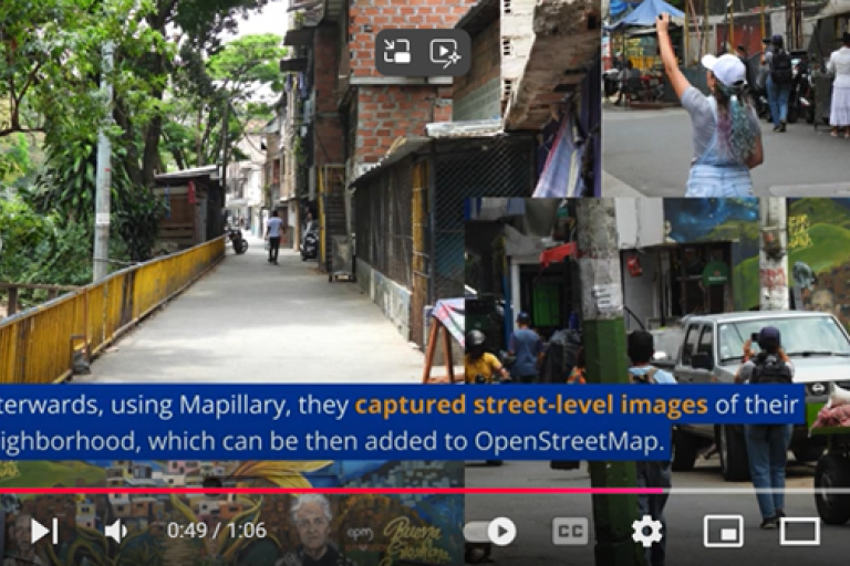 Collage showing a street view, a person pointing, and local scenes. Caption explains residents using Mapillary to capture street-level images for OpenStreetMap.