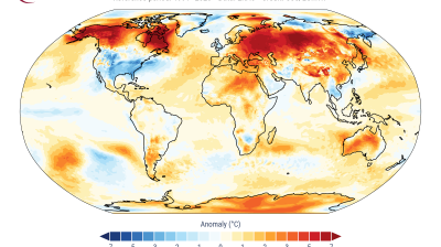 World map showing surface air temperature anomalies for January 2025. Regions in red indicate warmer anomalies, while blue indicates cooler anomalies. Data source: ERA5, credit: C3S/ECMWF.