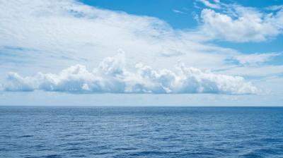 Blue ocean water stretches to the horizon under a clear sky with scattered white clouds.
