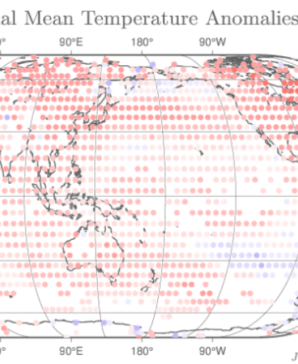 World map showing 2024 temperature anomalies, with red and blue dots indicating warmer and cooler areas, respectively. Data by Japan Meteorological Agency.