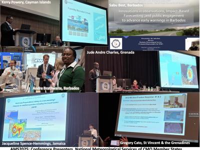 Presenters speaking and presenting at a conference. Displayed slides contain images and text related to meteorological topics.